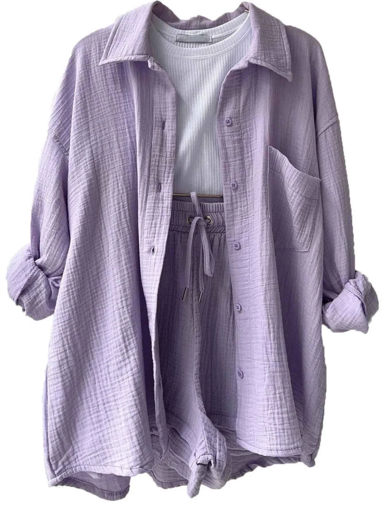 Textured Button Up Shirt and Shorts Set