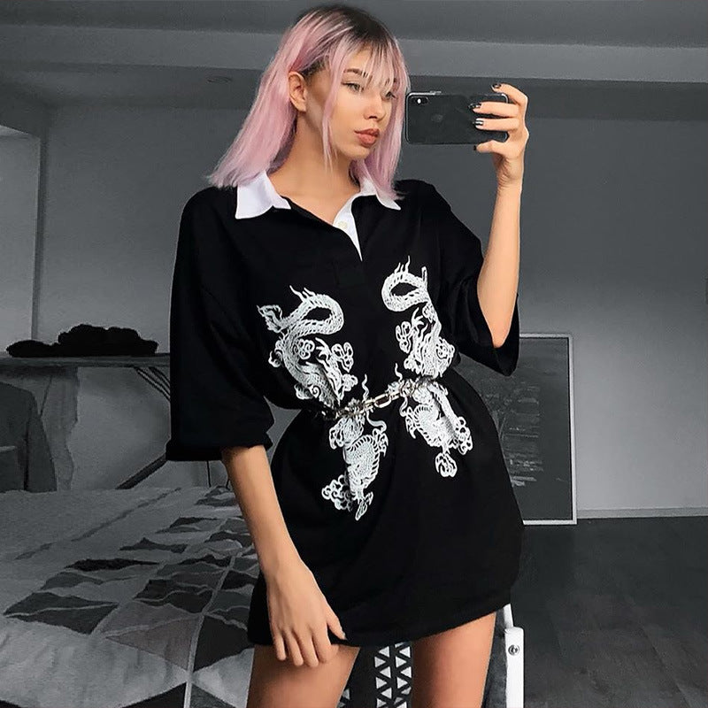 Dark Country Style Female Student Dragon Pattern T-shirt Female Polo Shirt.