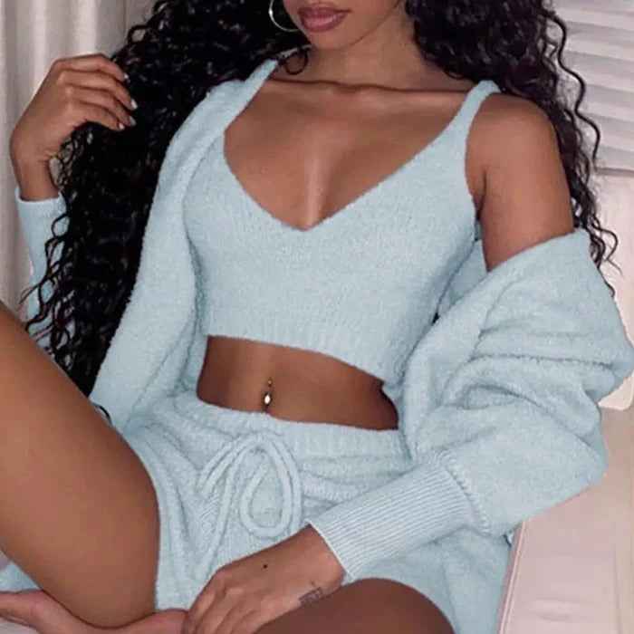 3pcs Womens Clothing Long Sleeve Crop Tank Top And Drawstring Shorts Pajama Set.