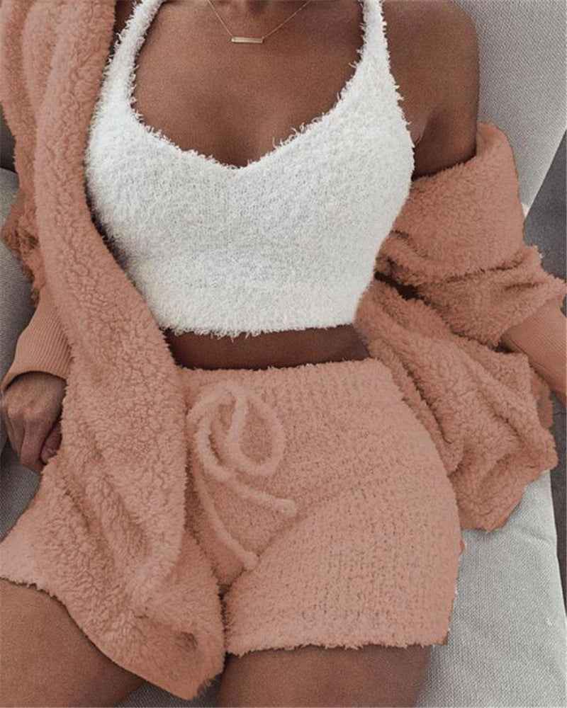 3pcs Womens Clothing Long Sleeve Crop Tank Top And Drawstring Shorts Pajama Set.