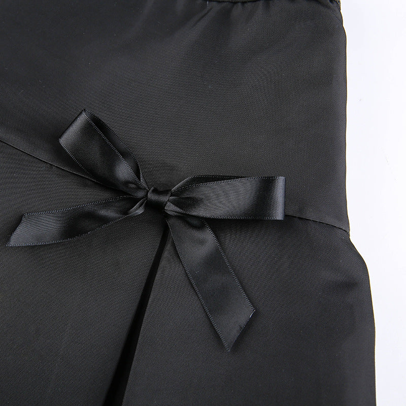 Dark Street Style Lace Stitching Bow Pleated Skirt.