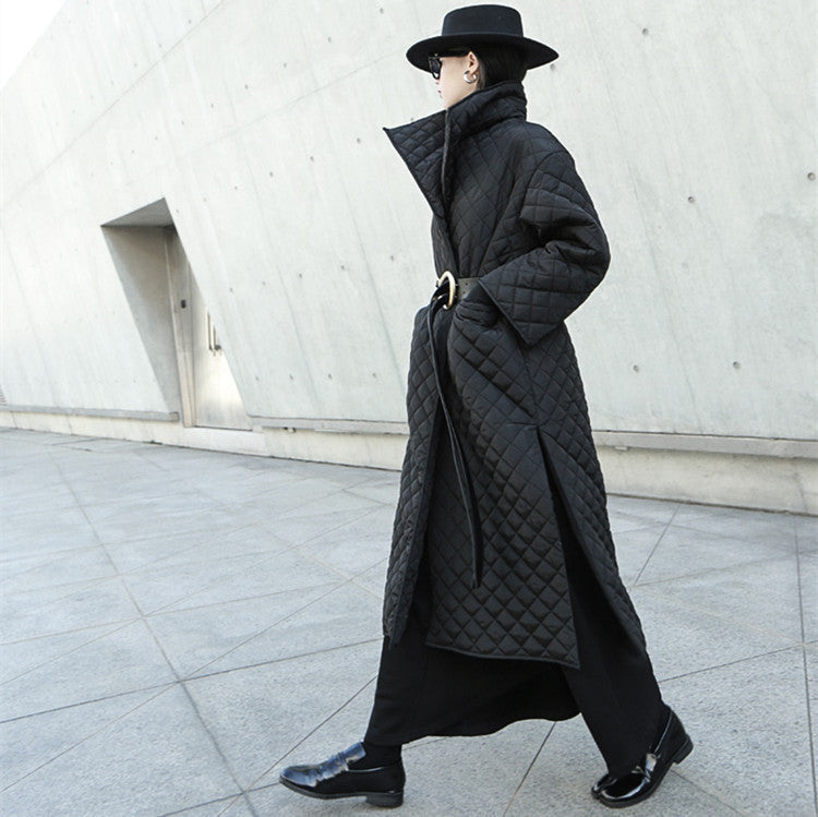 Dark Turn-Up High-Neck Diamond Quilted Cotton Open Side Slit Long Coat.
