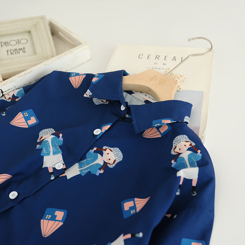 College Girl Print Dark Blue Chiffon Shirt.
