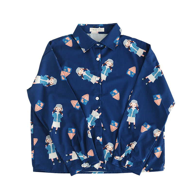 College Girl Print Dark Blue Chiffon Shirt.