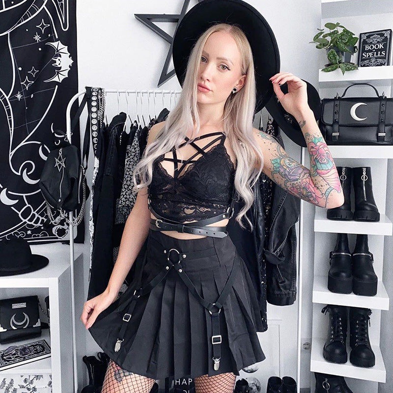 Dark Functional Wind Punk Girl Pleated Skirt High Waist Tooling Bf Cool Ring Skirt Skirt Trend.