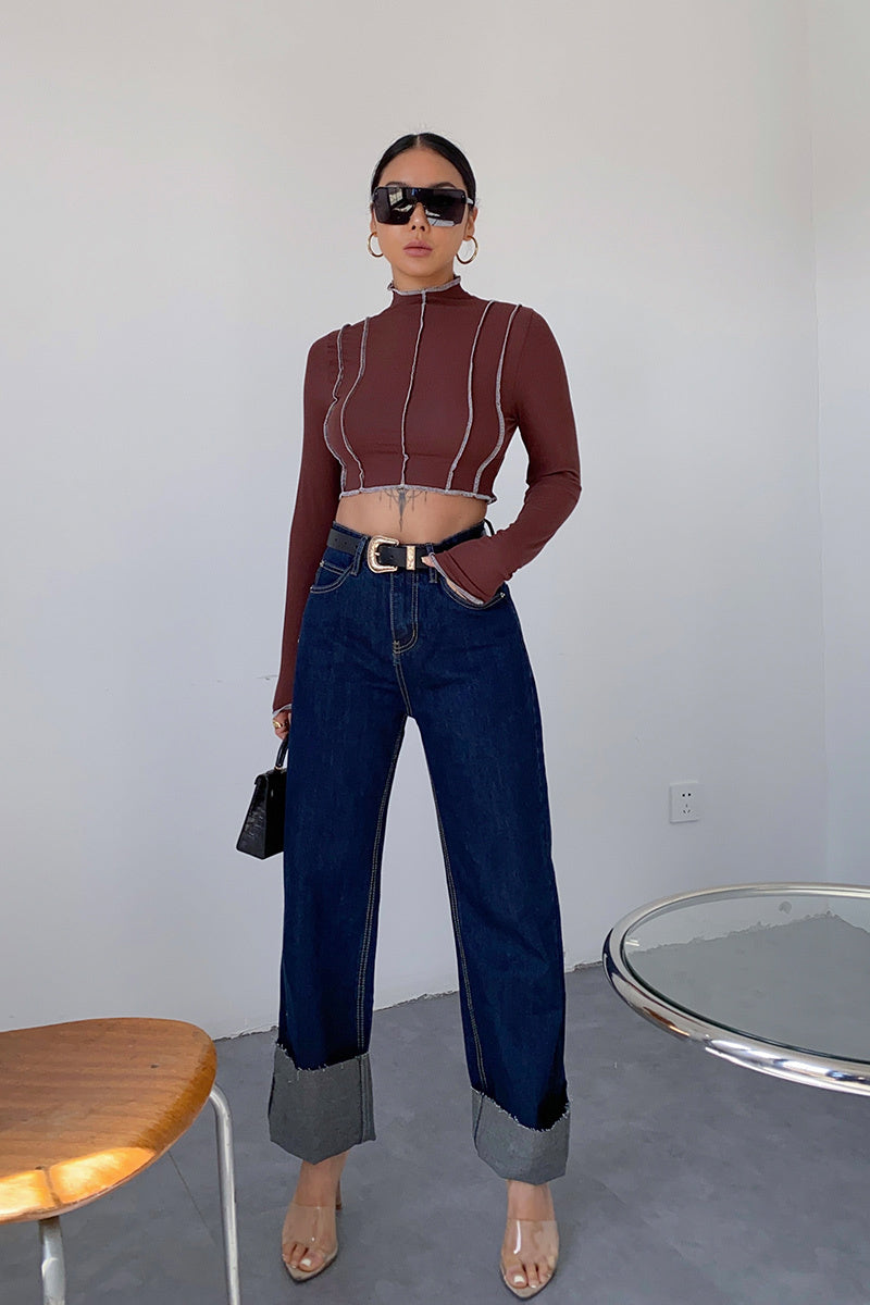 Dark Blue Curled Edge Top Line Loose And Thin Wide-leg Trouser.