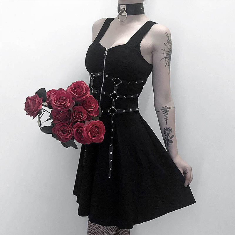 New Dark Style Sexy Waist Suspender Dress Loose Casual Back Black Street Women'S Skirt.