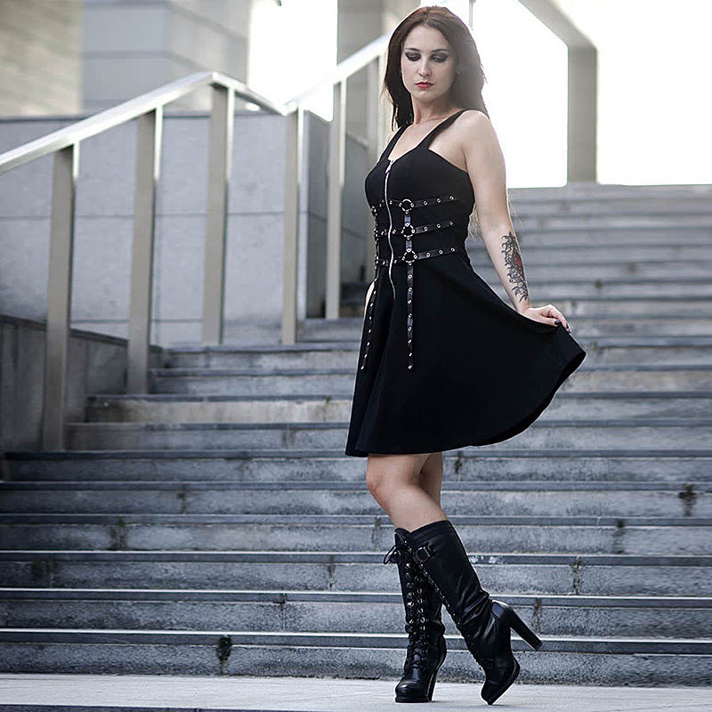 New Dark Style Sexy Waist Suspender Dress Loose Casual Back Black Street Women'S Skirt.