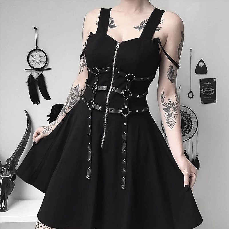 New Dark Style Sexy Waist Suspender Dress Loose Casual Back Black Street Women'S Skirt.