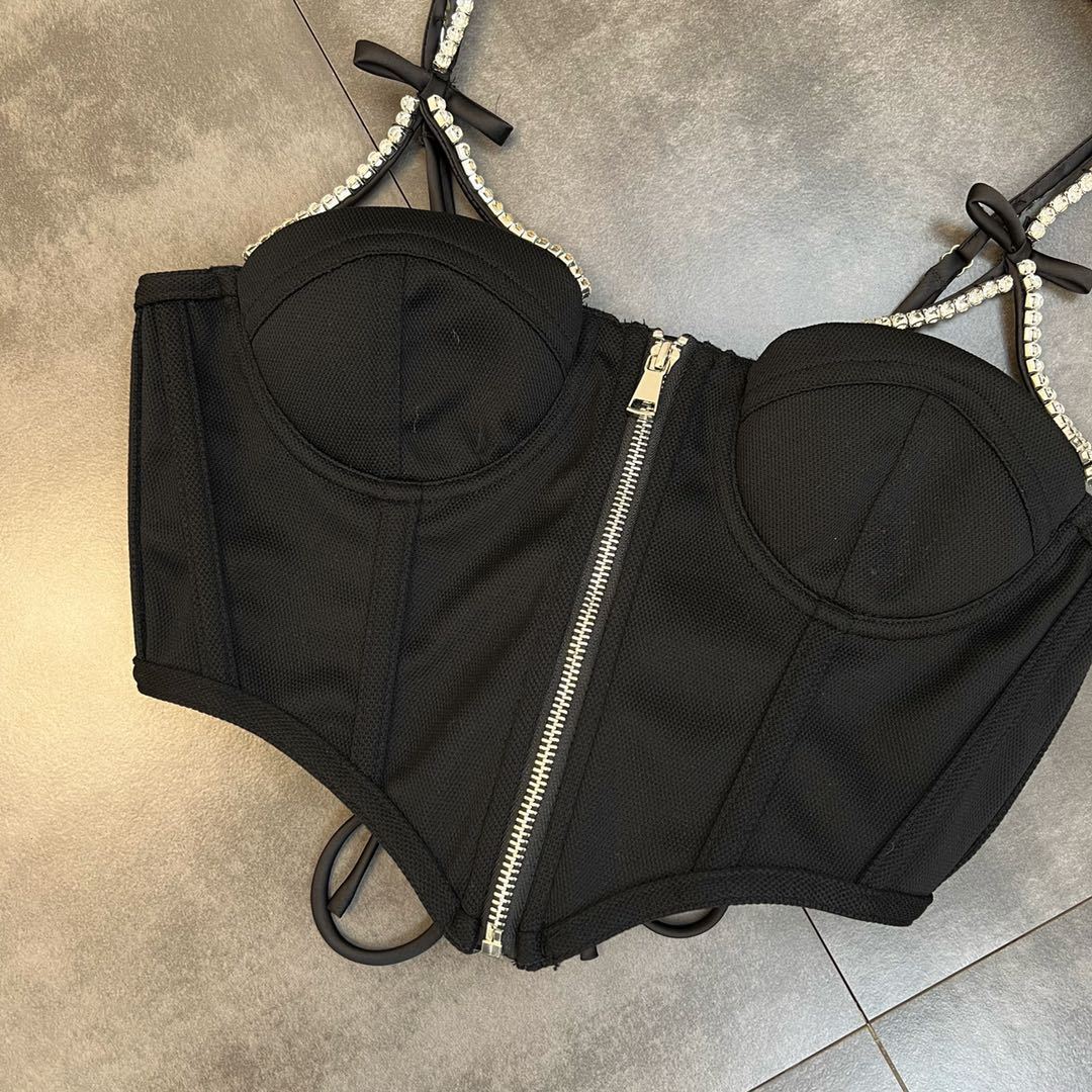 Ladies Shoulder Strap Bow Zipper Dark Tank Top.