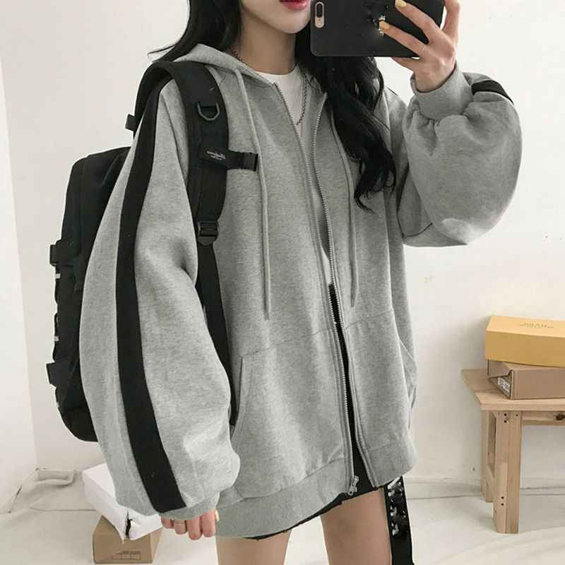 Women Hoodies Haruku Hooded Oversized Hoodie Solid Long Sleeve Irregular Sweatshirt Loose Print Zip-up Tops Jacket Coats