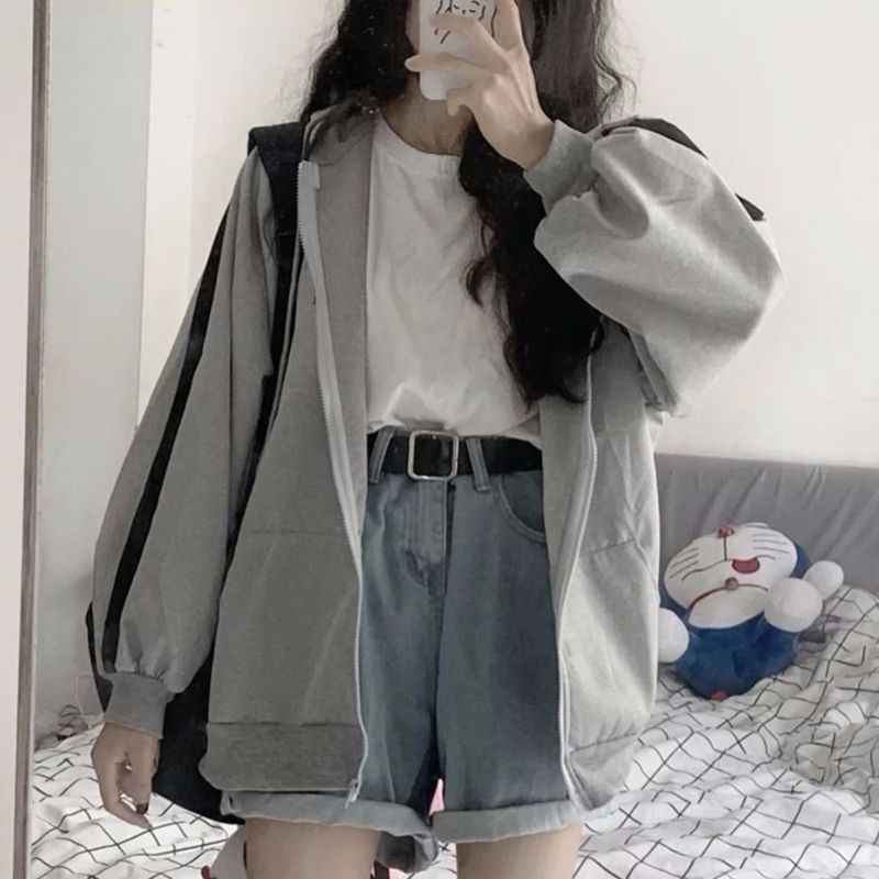 Women Hoodies Haruku Hooded Oversized Hoodie Solid Long Sleeve Irregular Sweatshirt Loose Print Zip-up Tops Jacket Coats