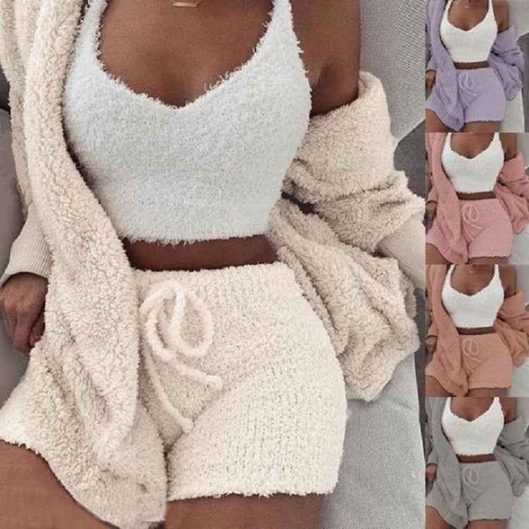 3pcs Womens Clothing Long Sleeve Crop Tank Top And Drawstring Shorts Pajama Set.