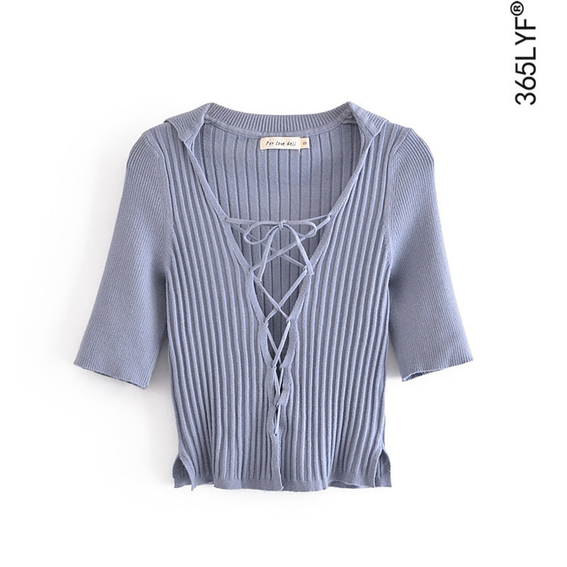Lapel Slim Cross Drawstring Strap Pure Color All-match Half Sleeve Knit Top Dark Purple Cardigan.