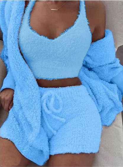 3pcs Womens Clothing Long Sleeve Crop Tank Top And Drawstring Shorts Pajama Set.