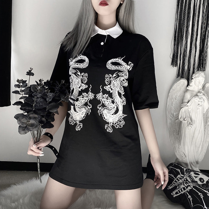 Dark Country Style Female Student Dragon Pattern T-shirt Female Polo Shirt.