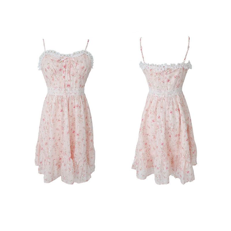 Chiffon Dark Pattern Panel Lace Print High Waist Slip Dress.