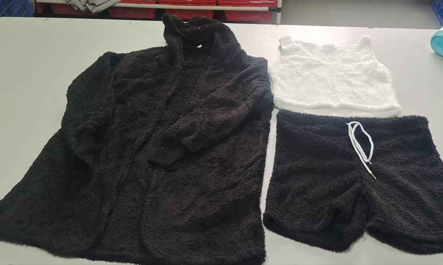 3pcs Womens Clothing Long Sleeve Crop Tank Top And Drawstring Shorts Pajama Set.