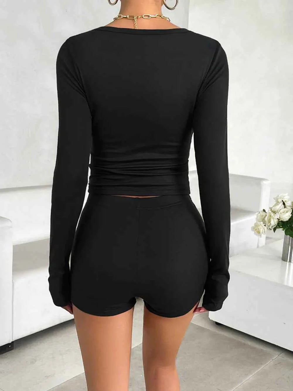 Devine Scoop Neck Long Sleeve Top and Shorts Set.
