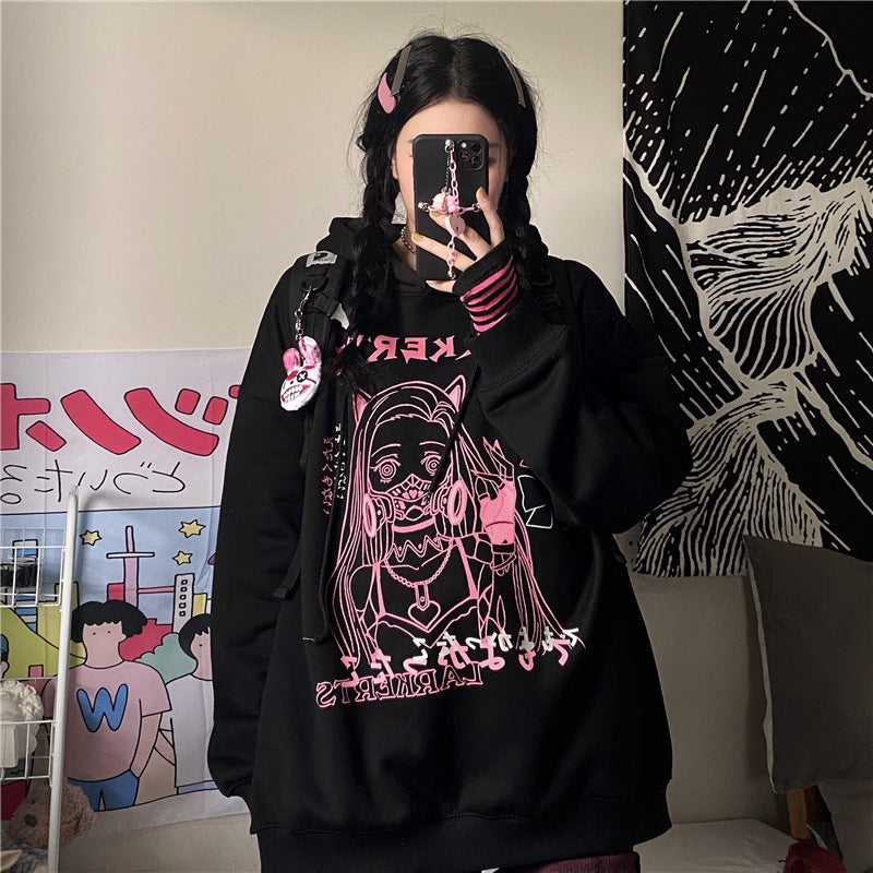 Dark Hoodie Female Two Dimensional Girl Loose Hooded Plus Velvet Coat.