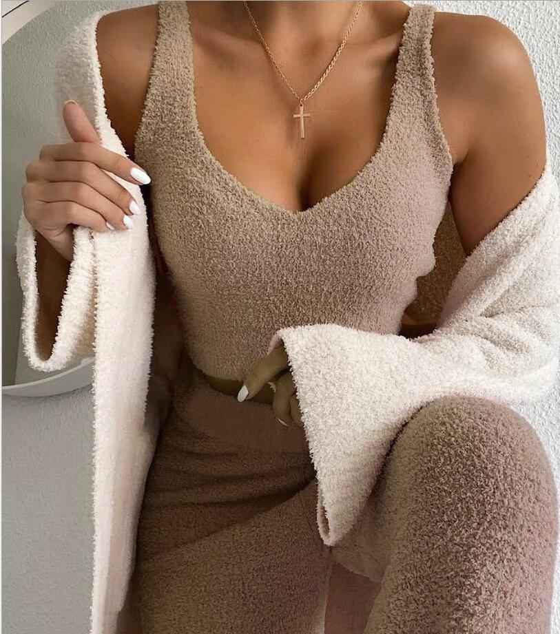3pcs Womens Clothing Long Sleeve Crop Tank Top And Drawstring Shorts Pajama Set.
