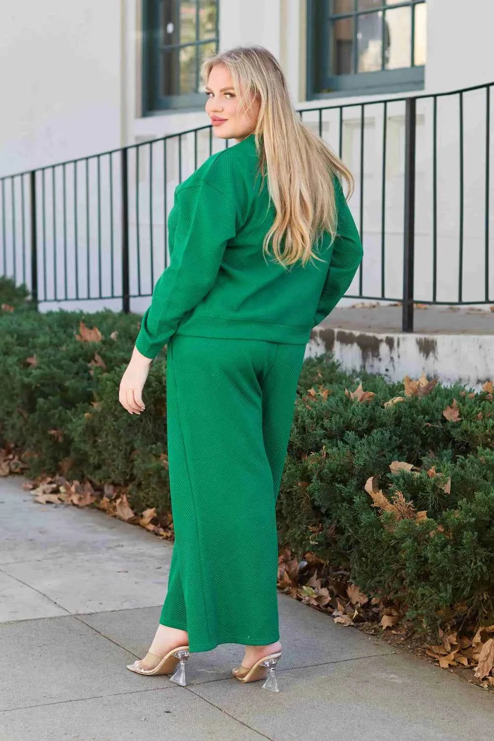 Double Take Full Size Textured Long Sleeve Top and Drawstring Pants Set