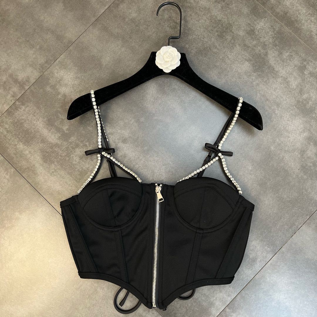 Ladies Shoulder Strap Bow Zipper Dark Tank Top.