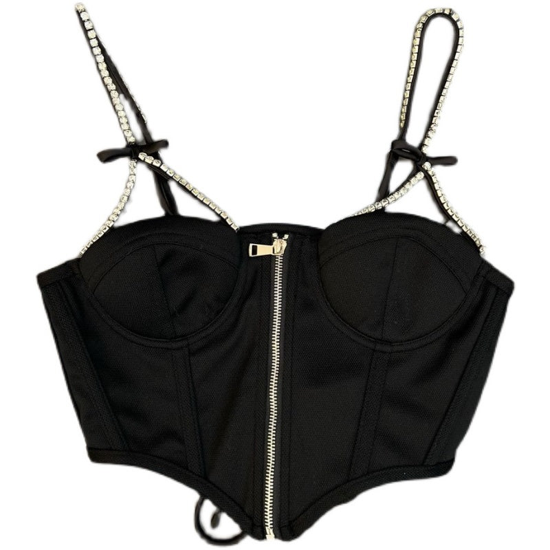 Ladies Shoulder Strap Bow Zipper Dark Tank Top.