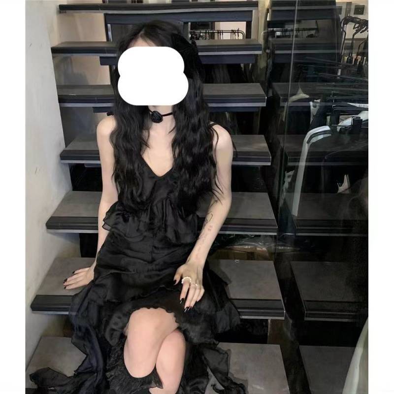 Romantic Dark Flowy Ruffle Layered High Dress.