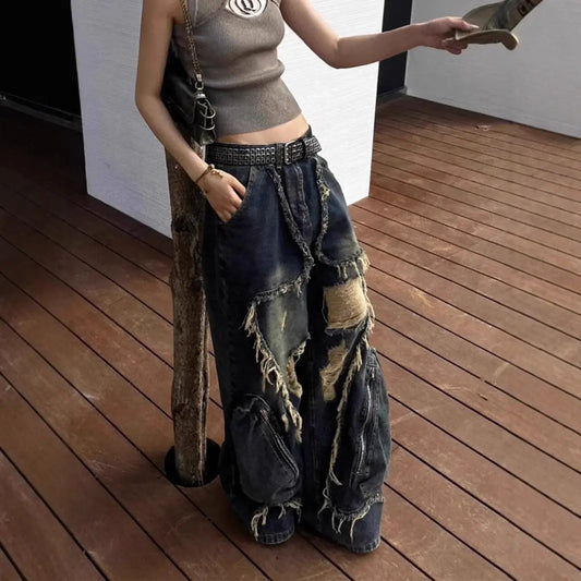 American High Street Design Ripped Jeans Spring And Autumn Retro Distressed Big Pocket Alamode