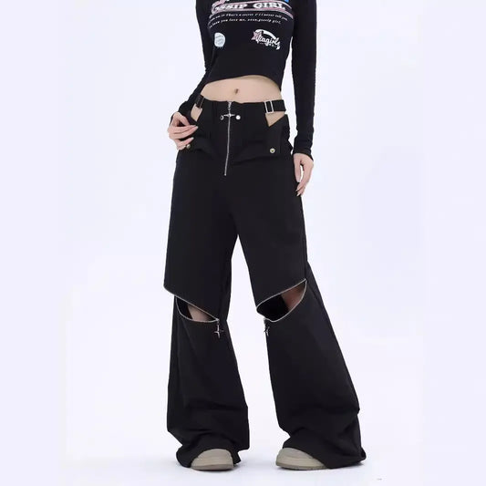 American Hot Girl Black Cargo Pants Female Y2g Harajuku Style High Street Zipper Design Sense Alamode