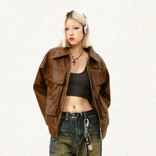 American Street Retro Large Pocket Lapels PU Leather Coat Alamode