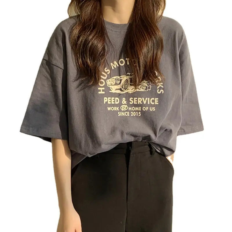 Women Short Sleeve T-shirts Print Casual Korean Style Fashion Harajuku Loose O-neck Student Streetwear All-match Simple Alamode