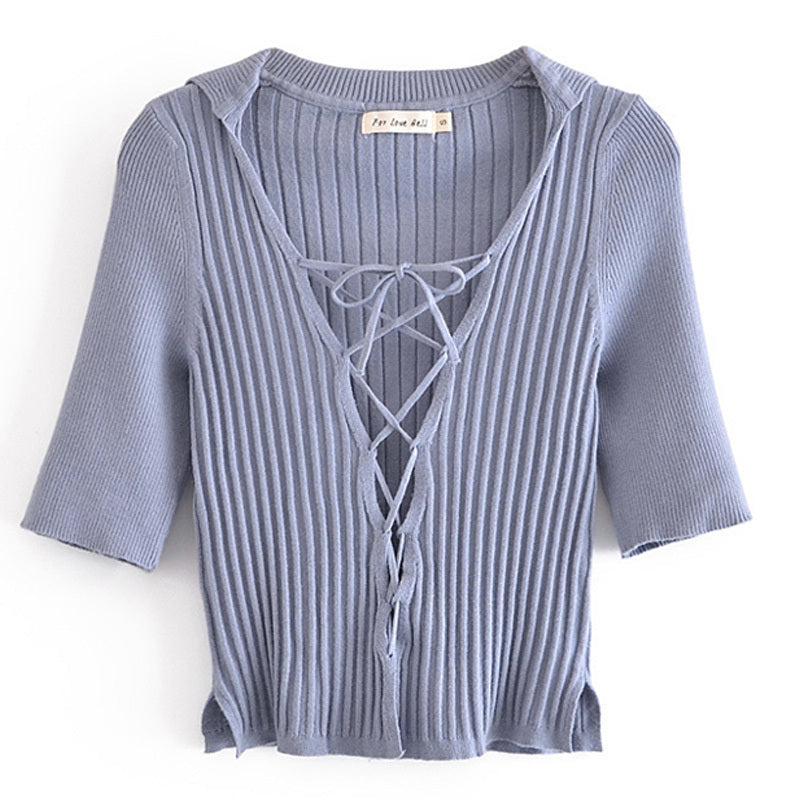 Lapel Slim Cross Drawstring Strap Pure Color All-match Half Sleeve Knit Top Dark Purple Cardigan.