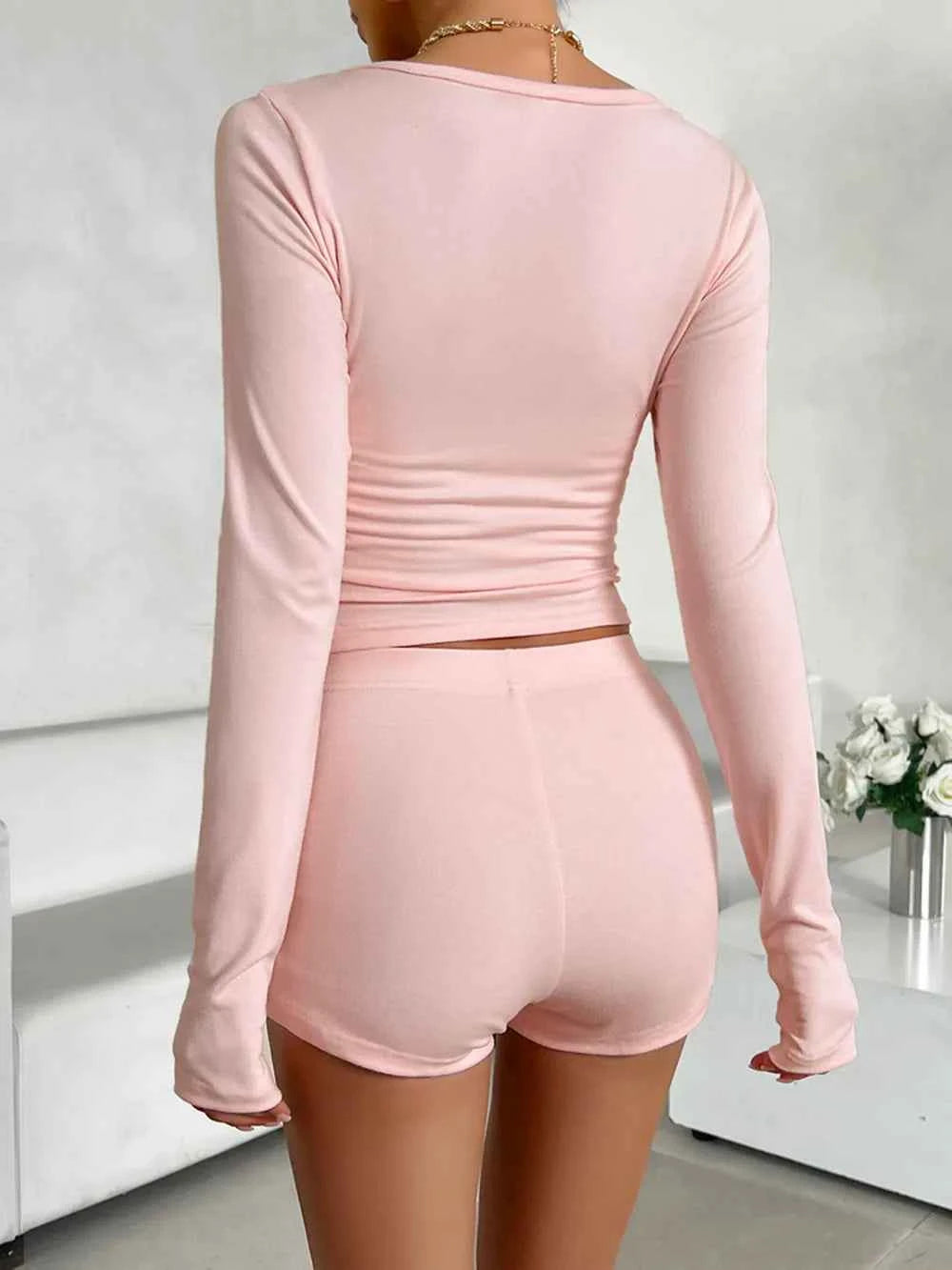 Devine Scoop Neck Long Sleeve Top and Shorts Set.