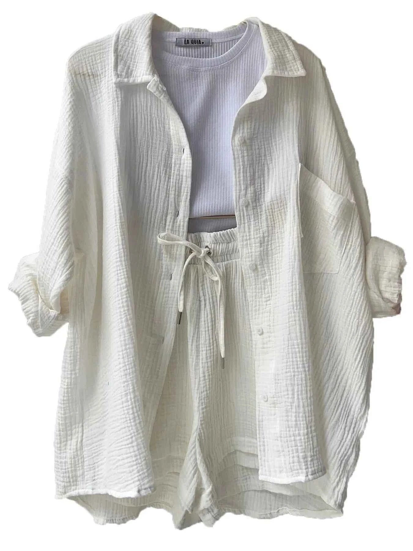 Textured Button Up Shirt and Shorts Set