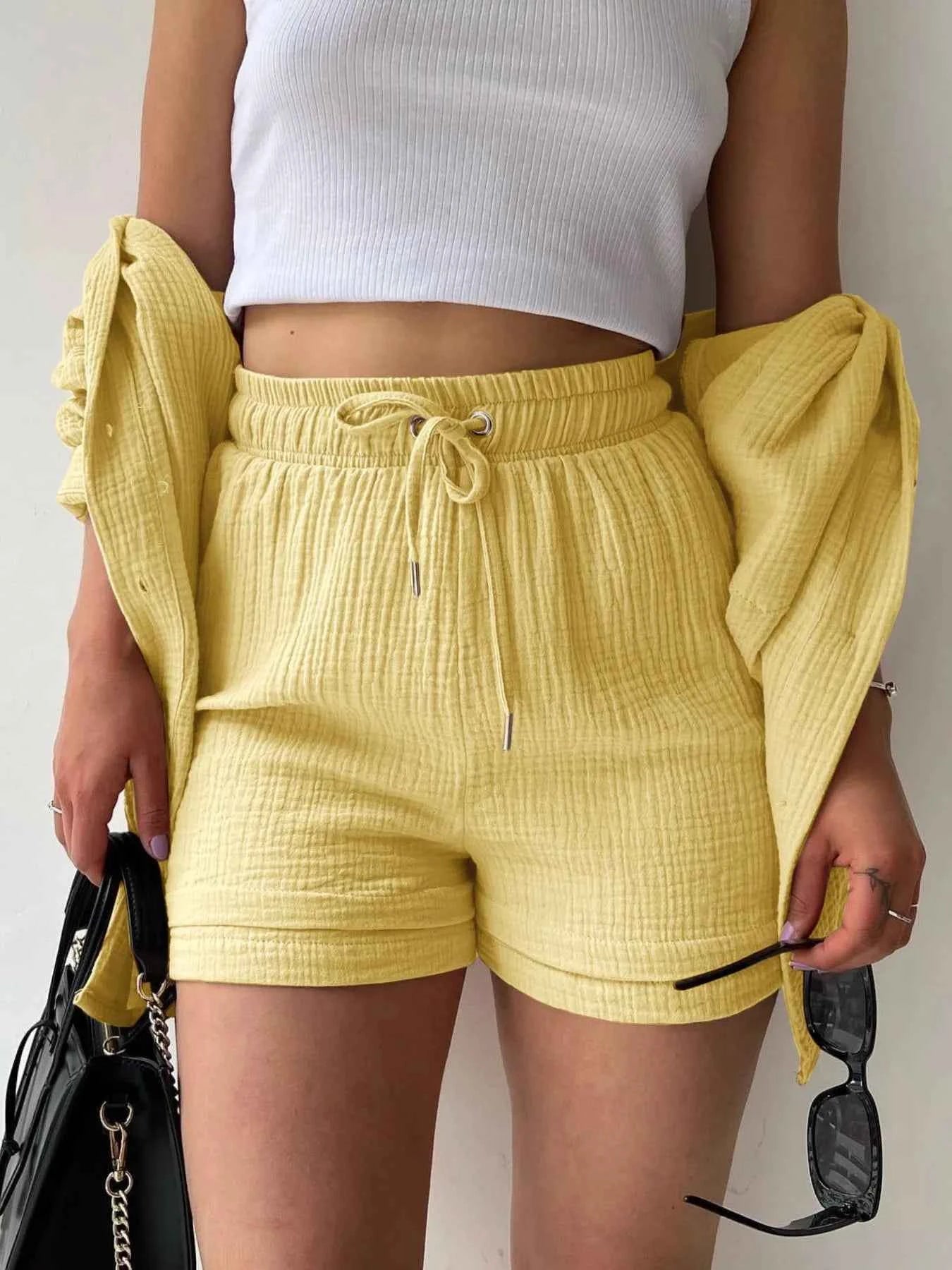 Textured Button Up Shirt and Shorts Set