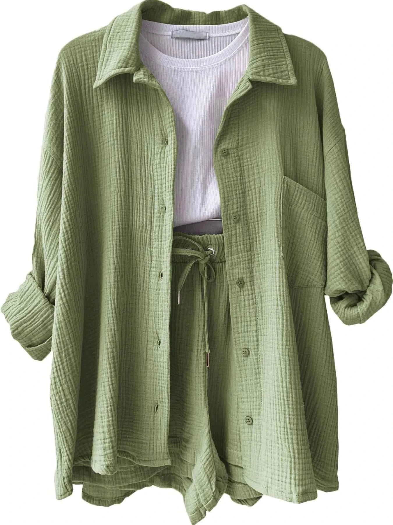 Textured Button Up Shirt and Shorts Set