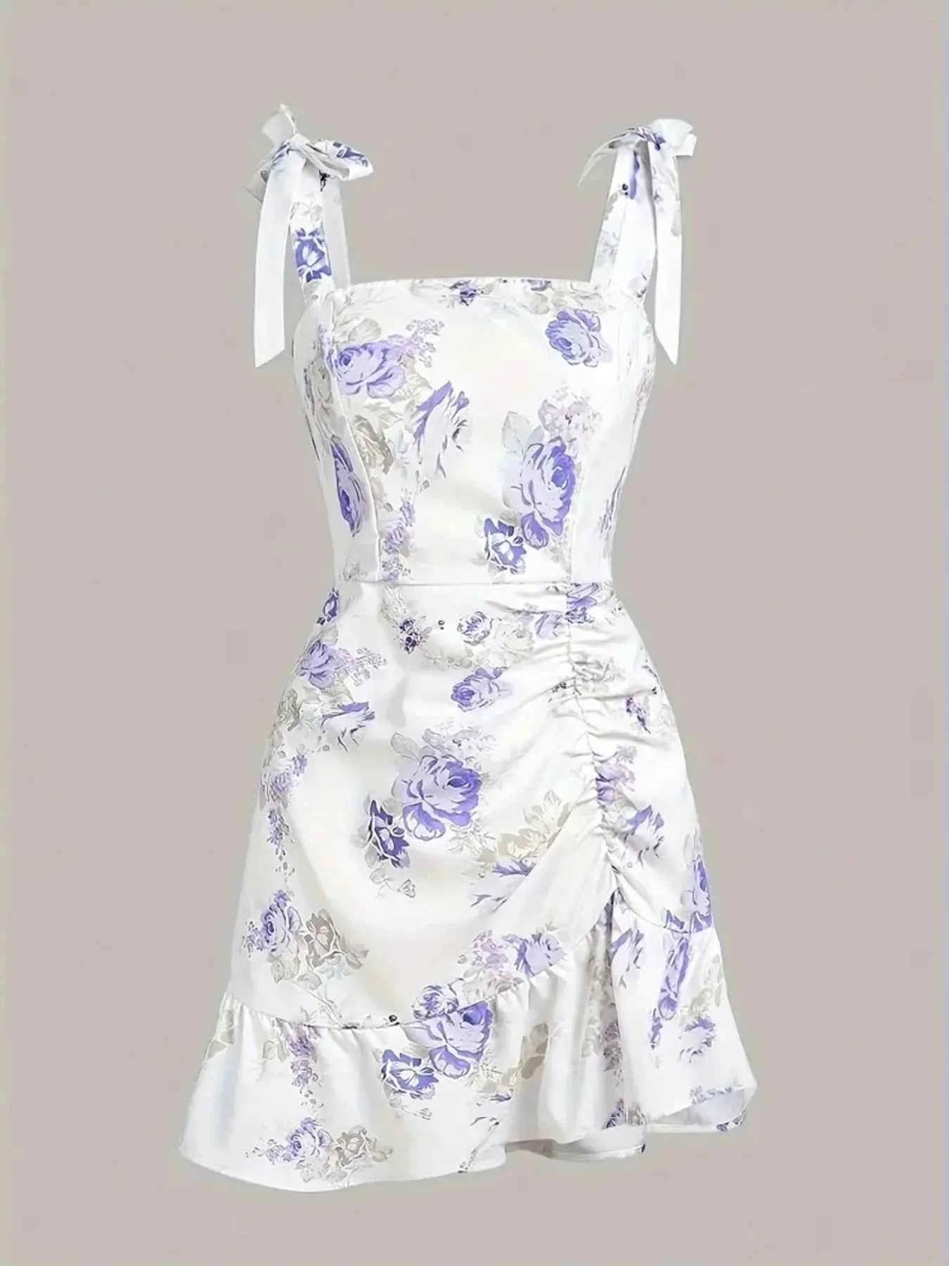 Ruffled Hem Floral Tie-Strap Mini Dress