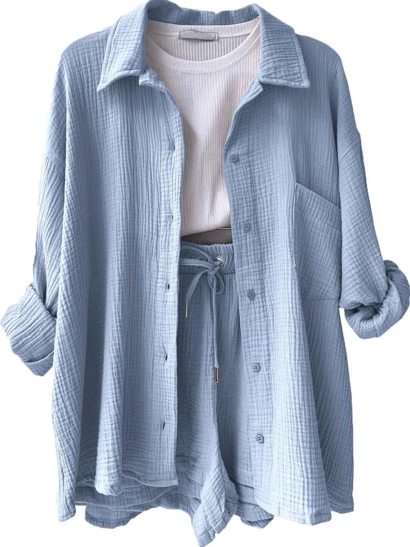 Textured Button Up Shirt and Shorts Set