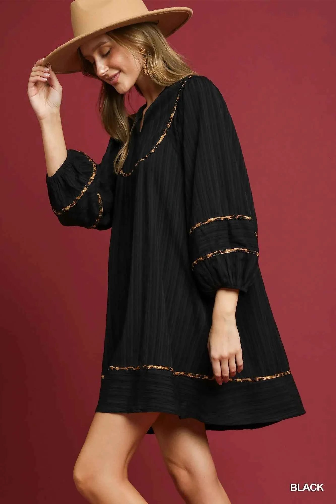 Umgee Full Size Textured Babydoll Dress with Leopard Trim Plus Size.