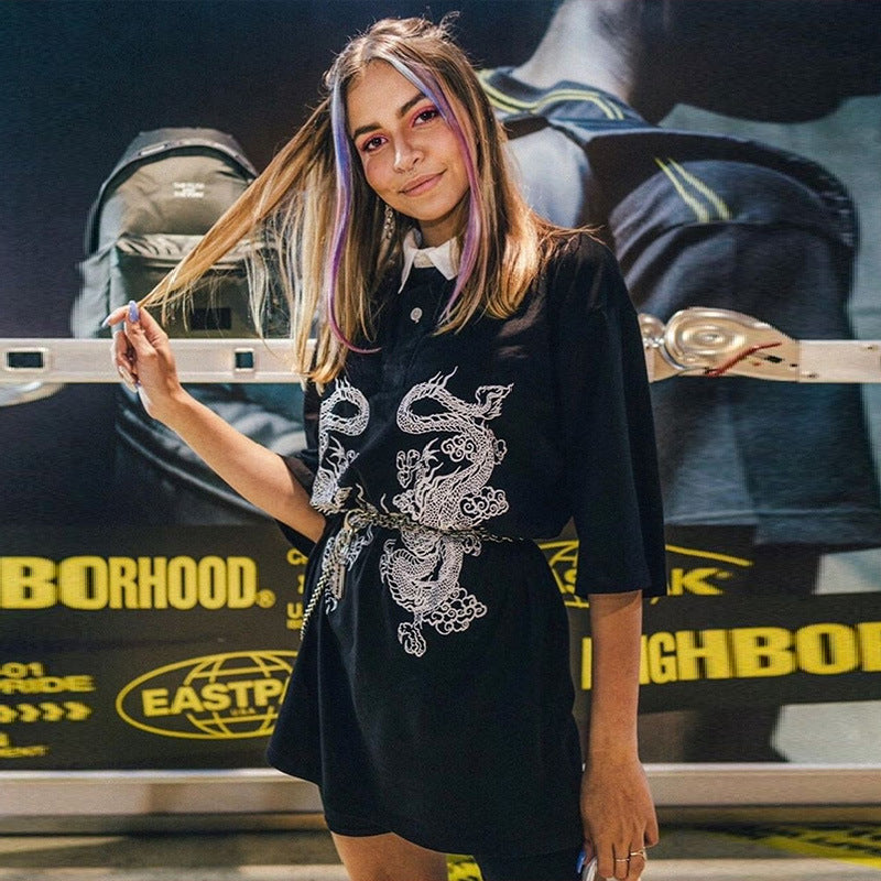 Dark Country Style Female Student Dragon Pattern T-shirt Female Polo Shirt.