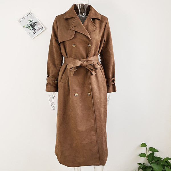 Double Breasted Lapel Shift Coat With Belt Fashion Vintage Suede Long Coat Winter Outwear Women's Clothing Alamode