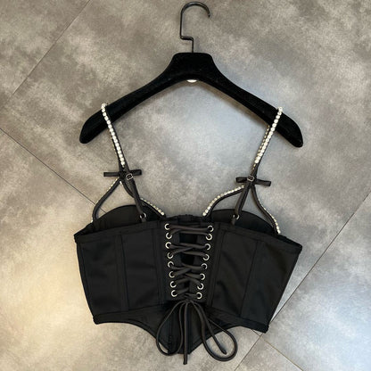 Ladies Shoulder Strap Bow Zipper Dark Tank Top.