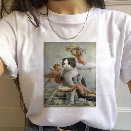 Cat Digital Printing Harajuku Style Fashion Short-sleeved T-shirt Alamode