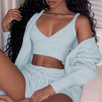 3pcs Womens Clothing Long Sleeve Crop Tank Top And Drawstring Shorts Pajama Set.