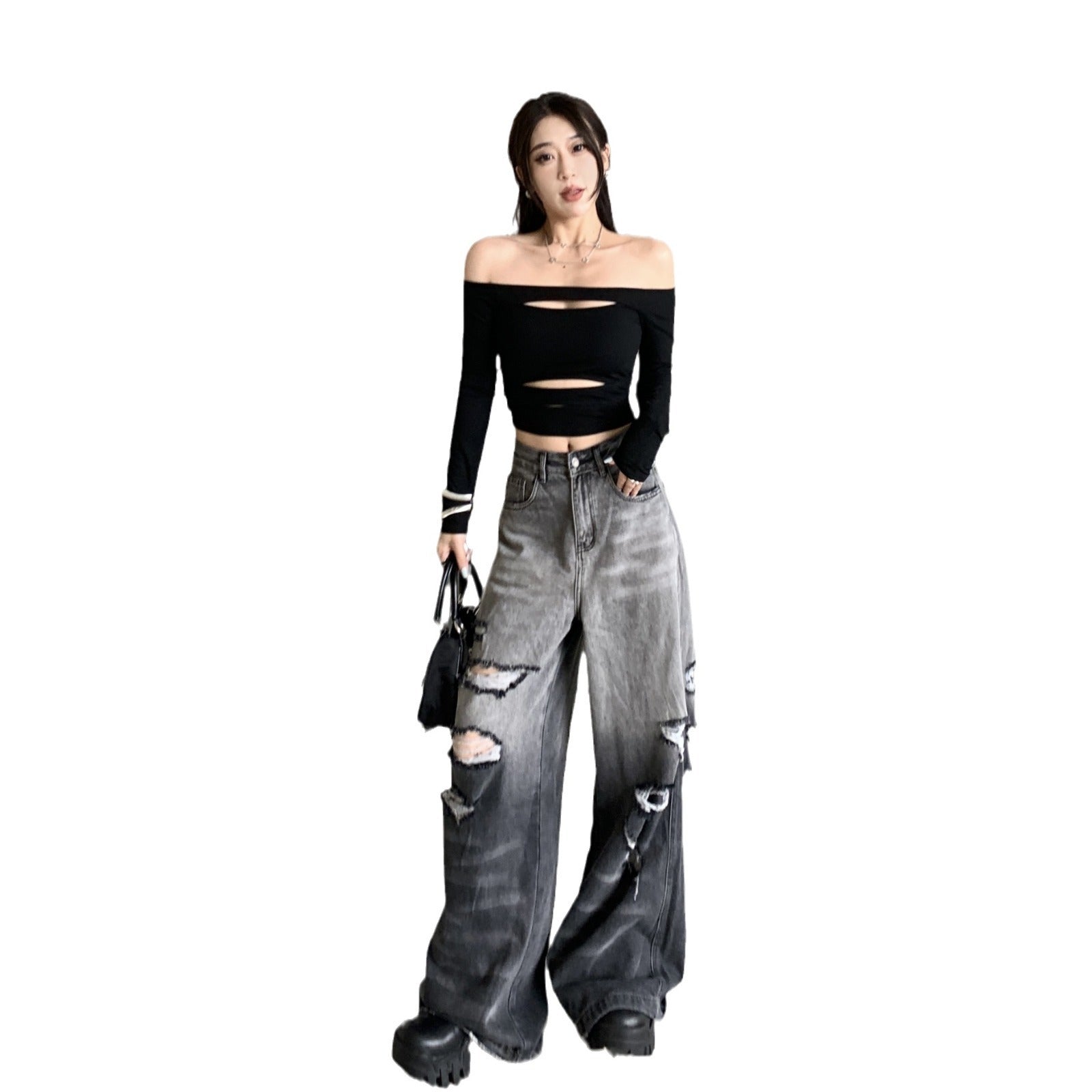Gradient Color Big Ripped Hot Girl Wide Leg Jeans For Women Alamode