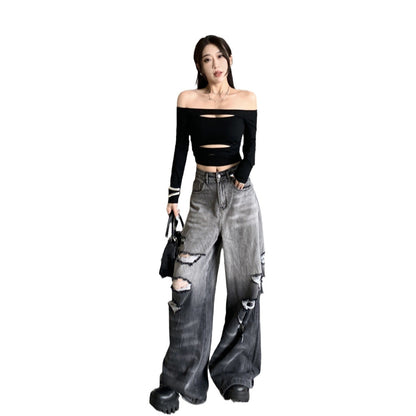 Gradient Color Big Ripped Hot Girl Wide Leg Jeans For Women Alamode