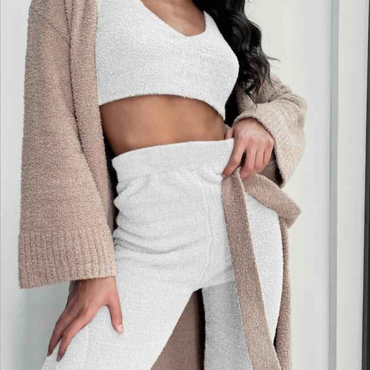 3pcs Womens Clothing Long Sleeve Crop Tank Top And Drawstring Shorts Pajama Set.