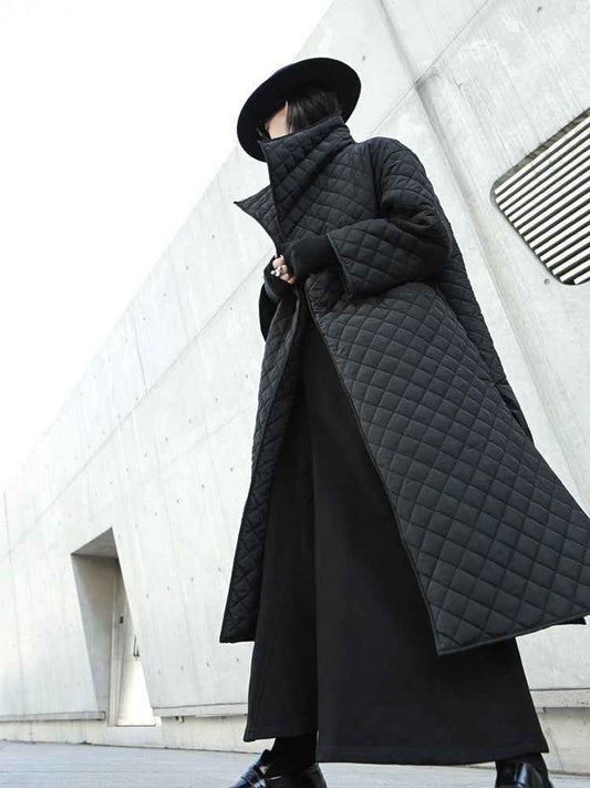 Dark Turn-Up High-Neck Diamond Quilted Cotton Open Side Slit Long Coat.